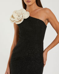 Black One Shoulder Boucle Midi Dress With 3D Flower