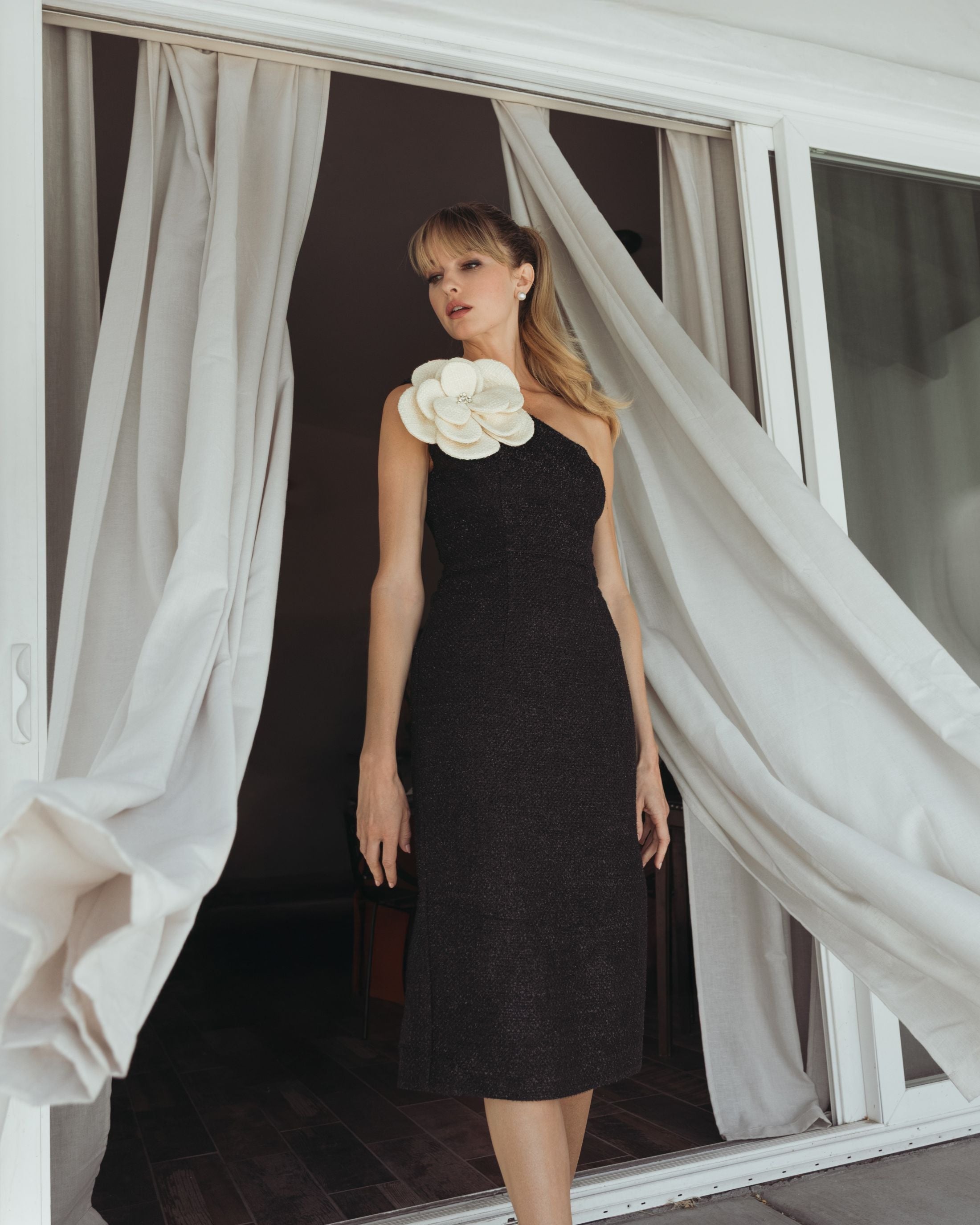 Black One Shoulder Boucle Midi Dress With 3D Flower