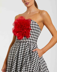 Black and White Strapless Boucle A Line Midi Dress With 3D Flower