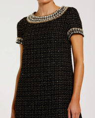 Black Short Sleeve Embellished Boucle Mini Dress