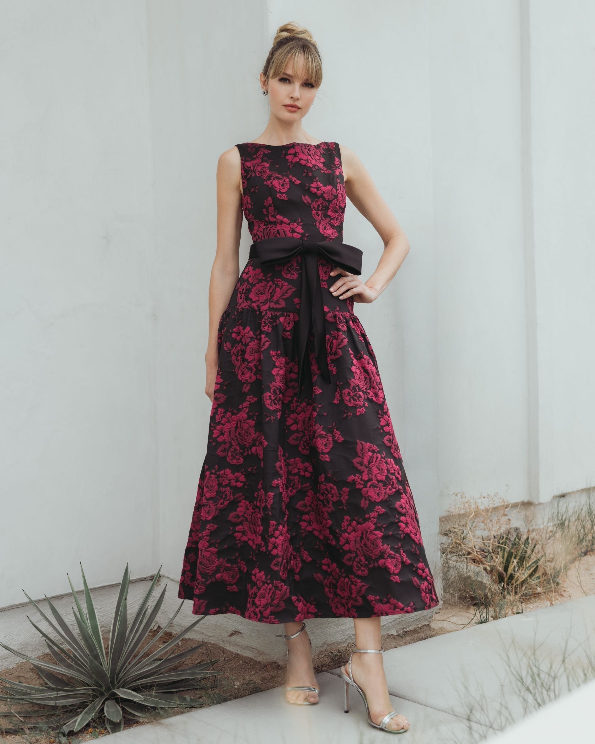Black Brocade Drop Waist Midi Dress With Satin Bow