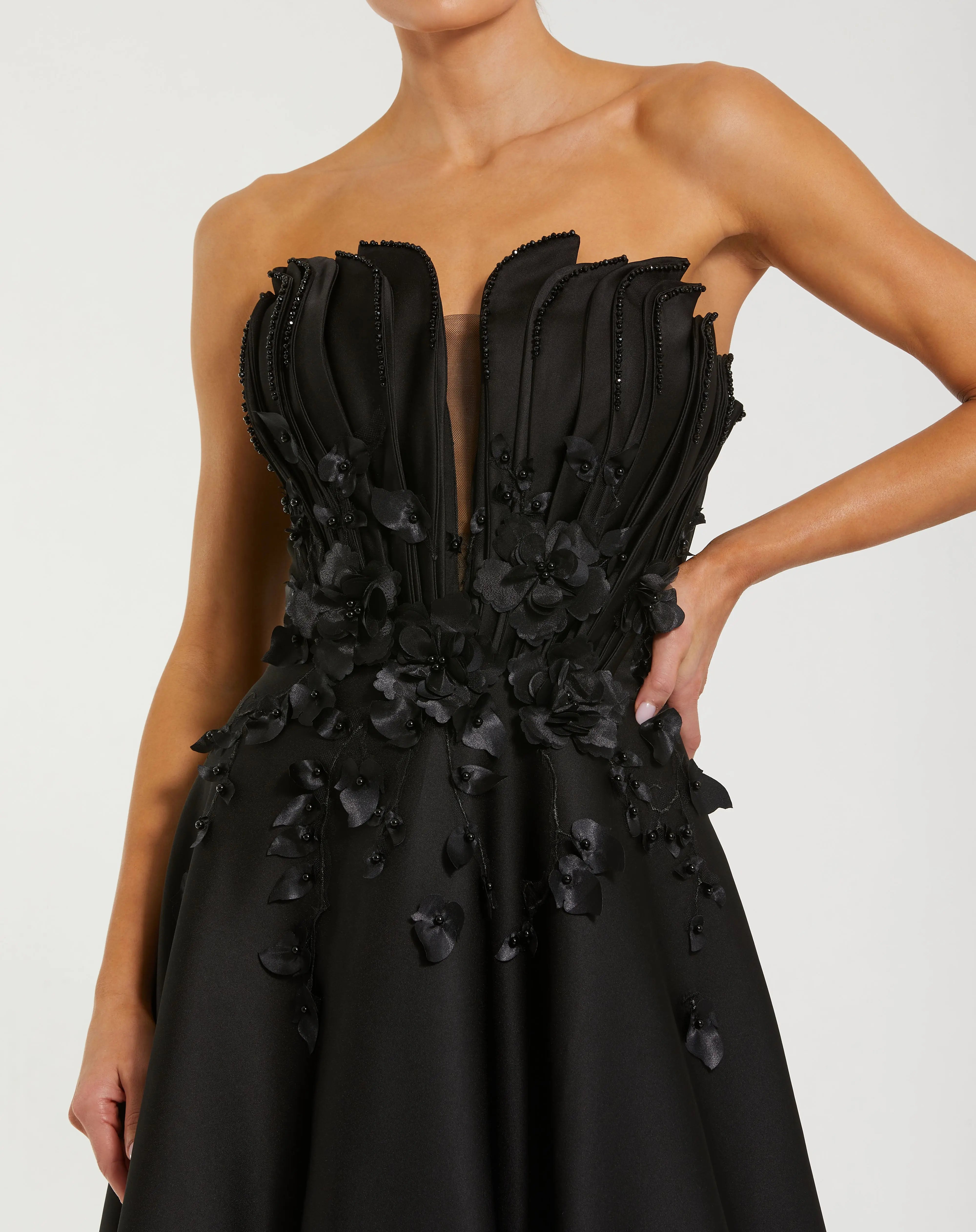 Black Strapless Satin Floral Embellished Ball Gown