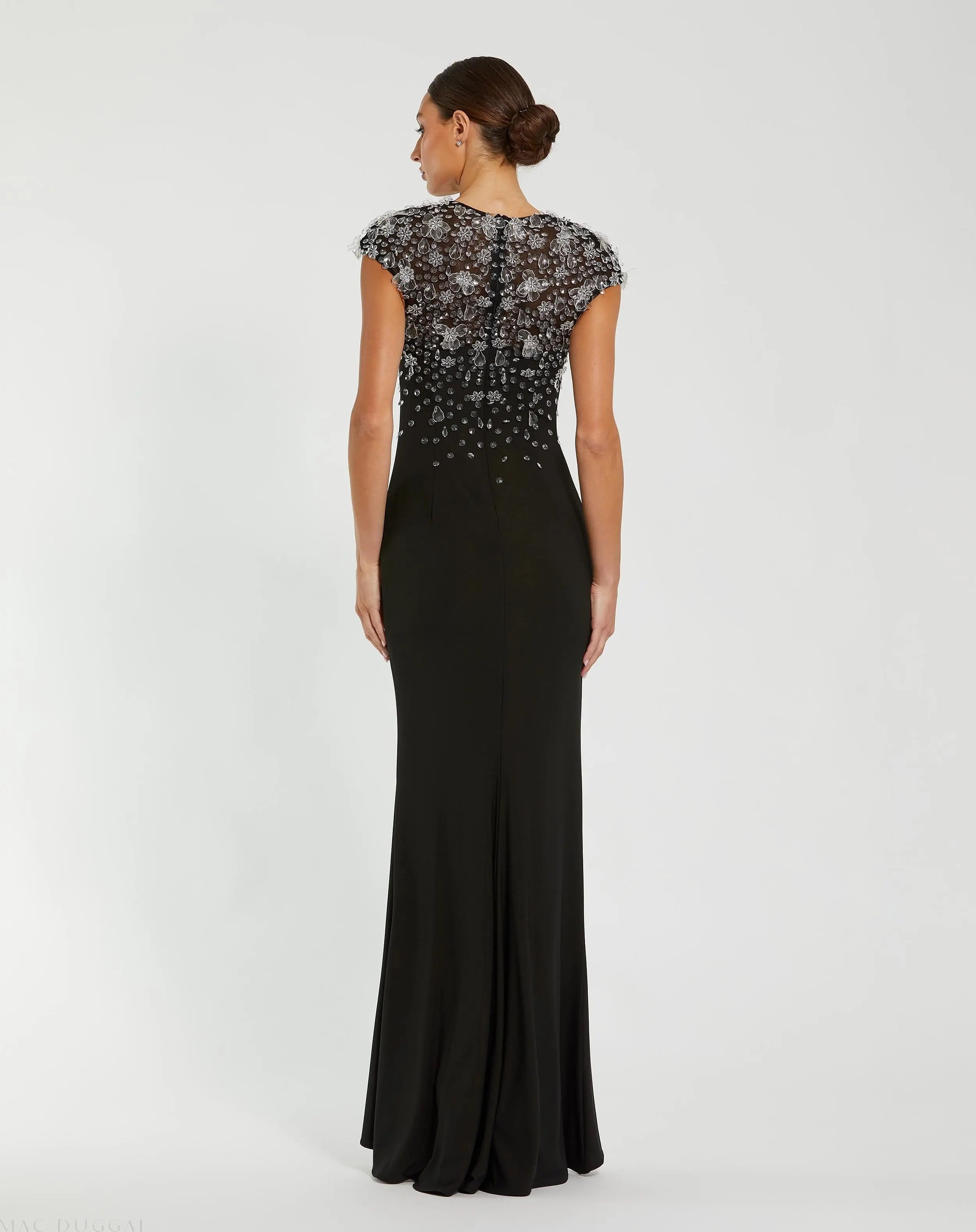 Black Crystal Embellished Jersey Fitted Cap Sleeve Gown