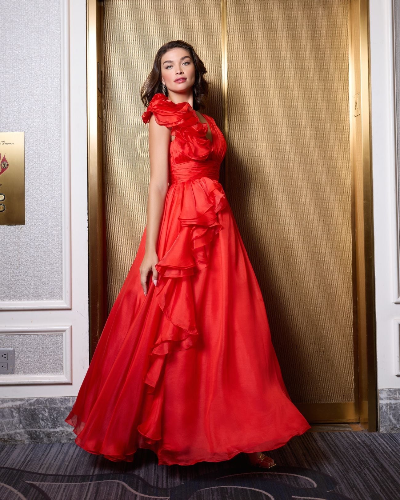 Red Ruffle Shoulder V-Neck Chiffon Gown