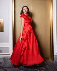 Red Ruffle Shoulder V-Neck Chiffon Gown