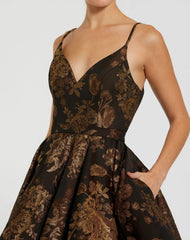 Black and Gold Brocade Sweetheart Fit & Flare Mini Dress