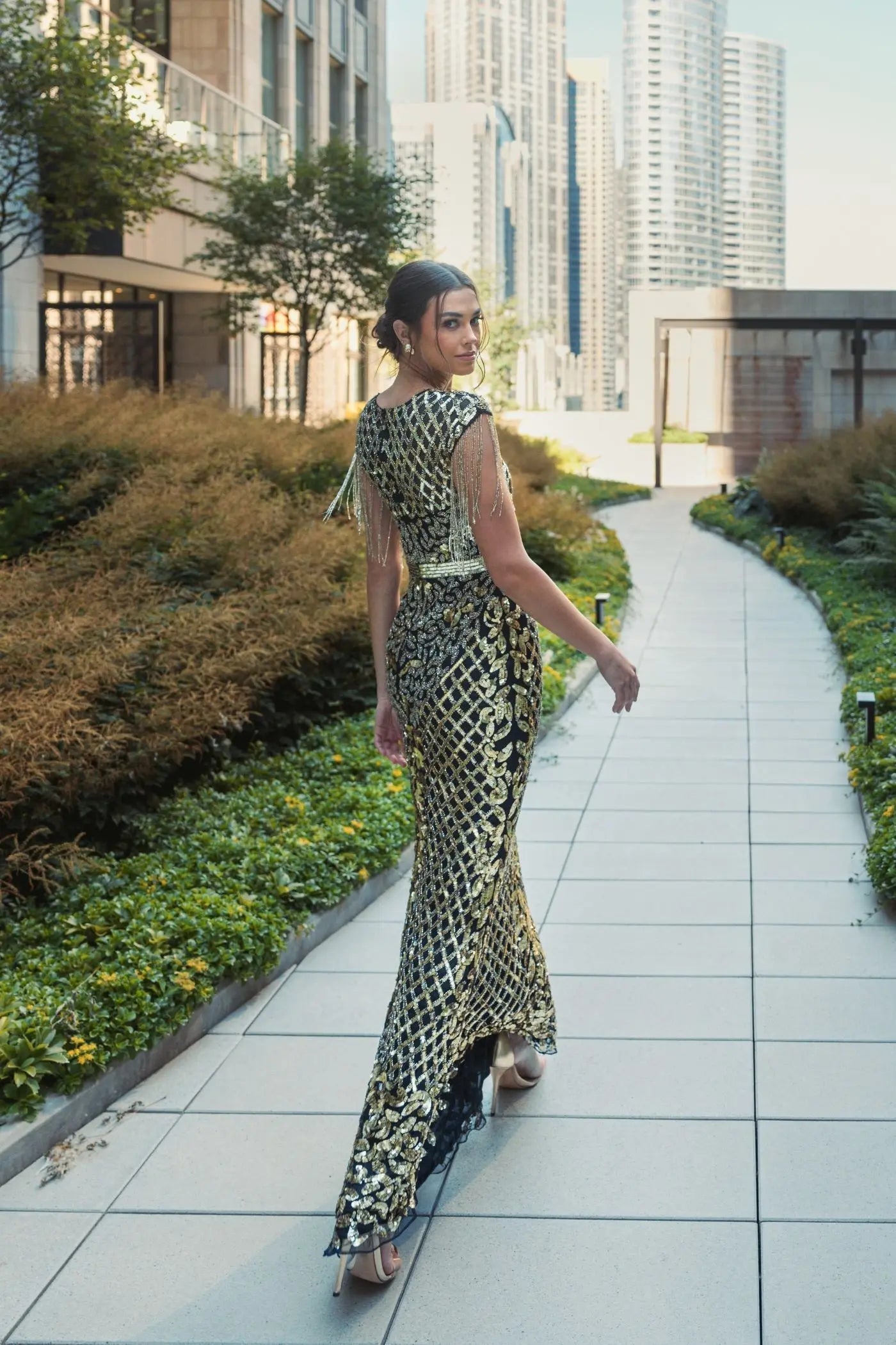 Black High Neck Beaded Fringe Fitted Gown