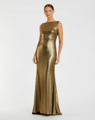 Gold Metallic Jersey Cowl Back Column Gown