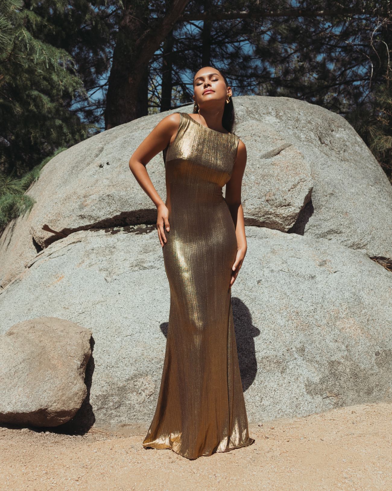 Gold Metallic Jersey Cowl Back Column Gown