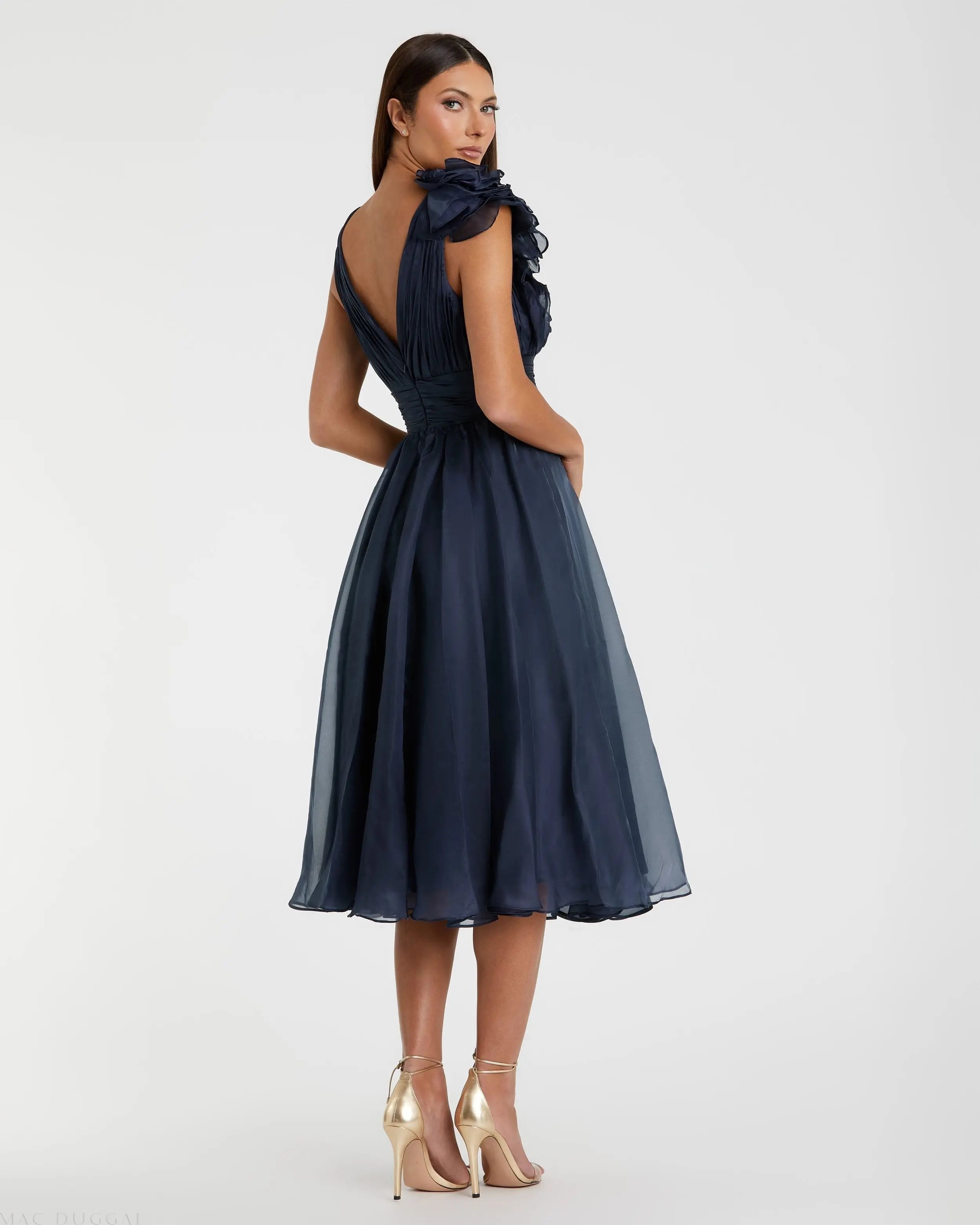 Navy Sleeveless Chiffon A-Line Tea Length Cocktail Dress