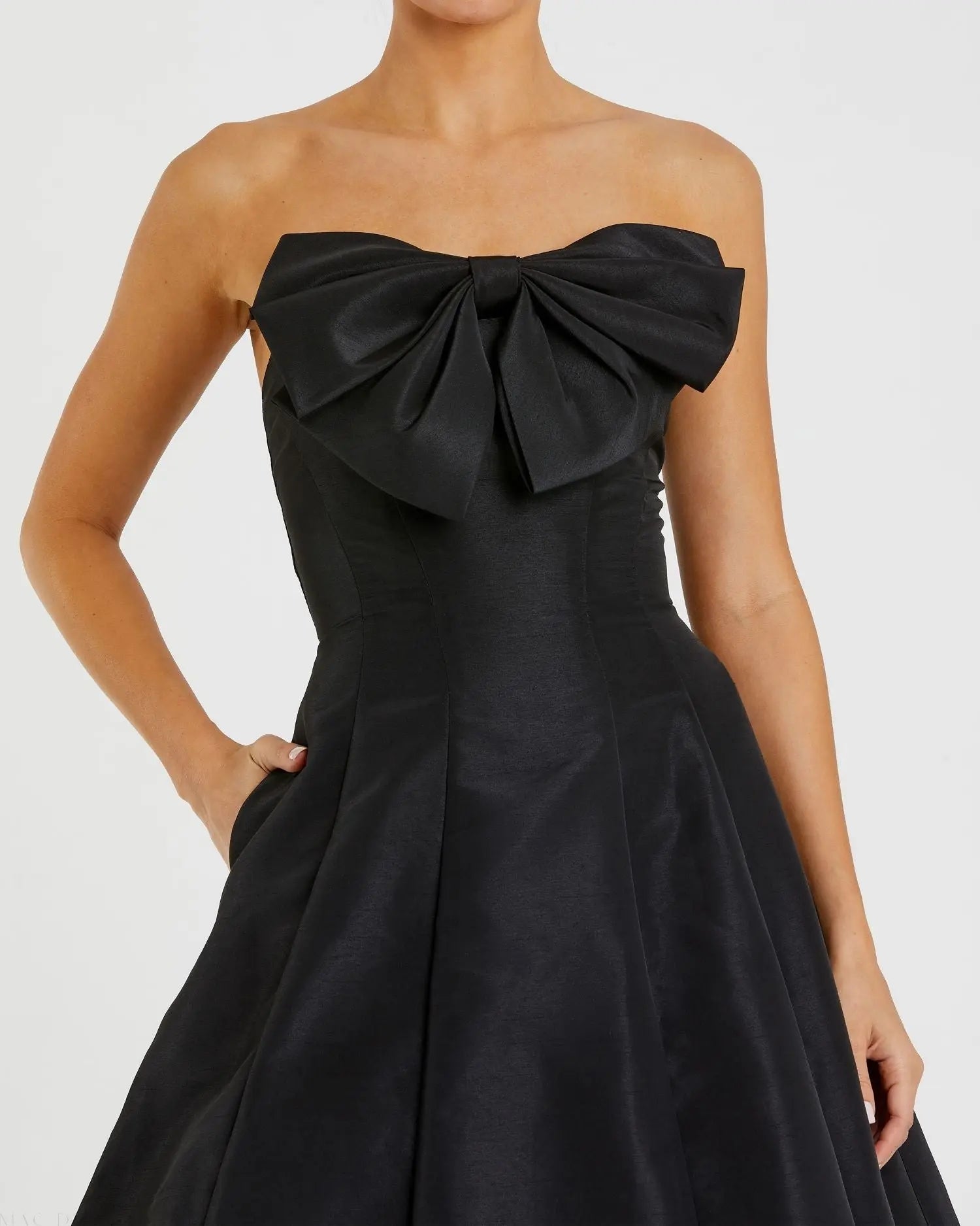 Black Strapless A-Line Tea Length Statement Bow Dress