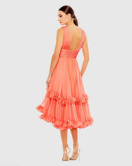 Orange V-Neck Sleeveless Tiered Ruffle Midi Dress