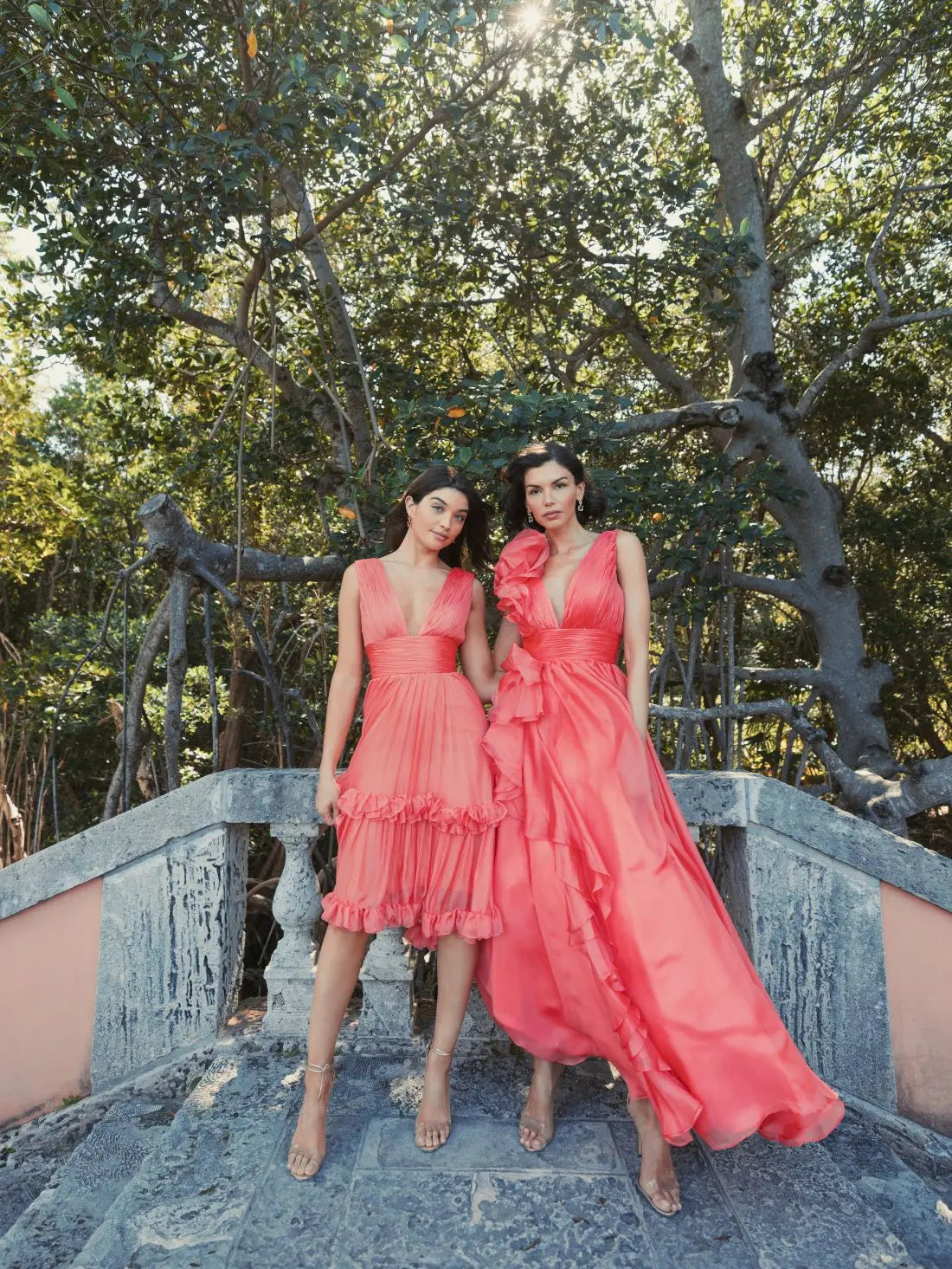 Orange V-Neck Sleeveless Tiered Ruffle Midi Dress