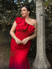 Red One Shoulder Ruffle Detailed Gown (Plus) - FINAL SALE