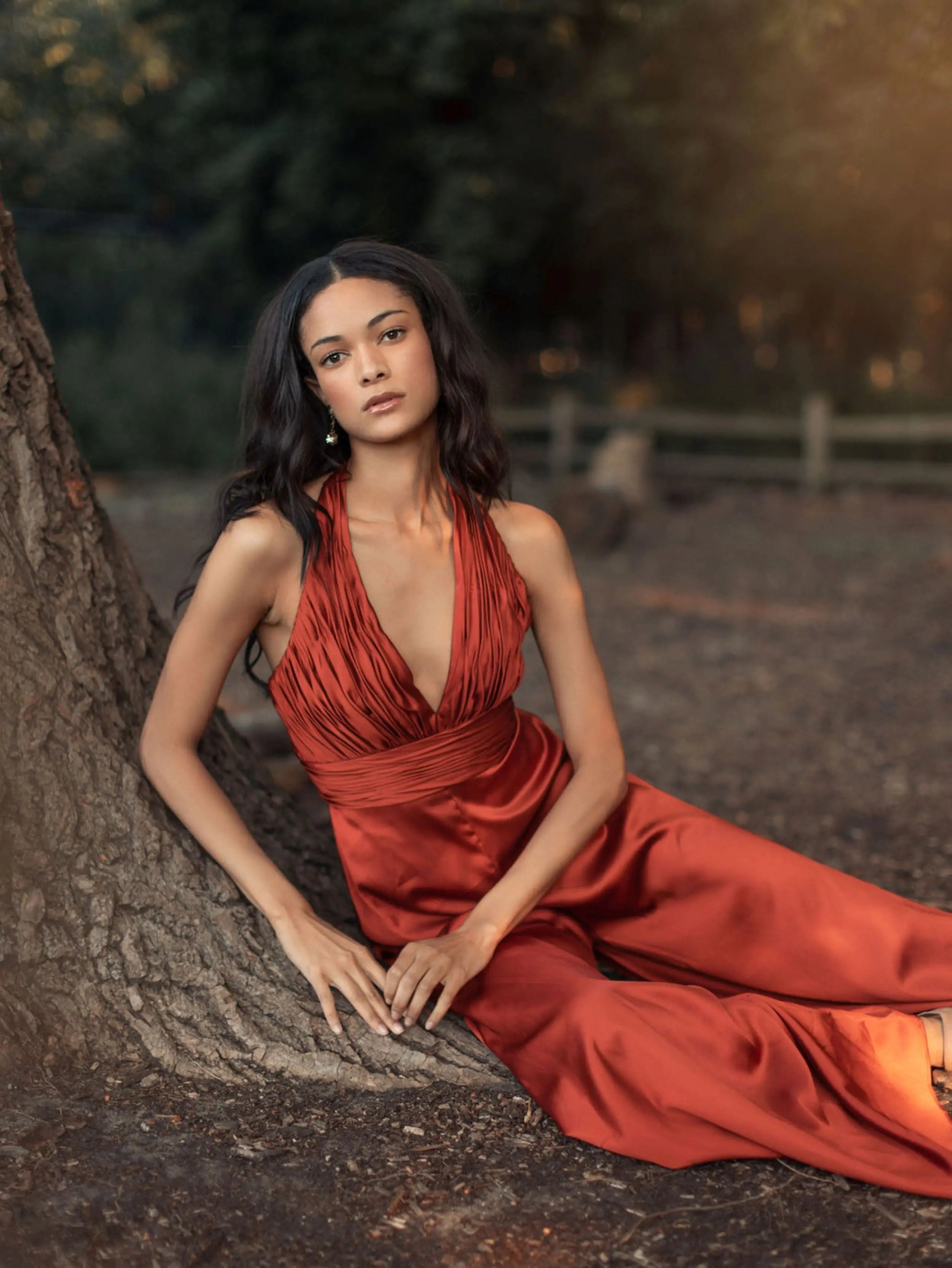 Orange Ruched Halter Top Wide Leg Satin Jumpsuit