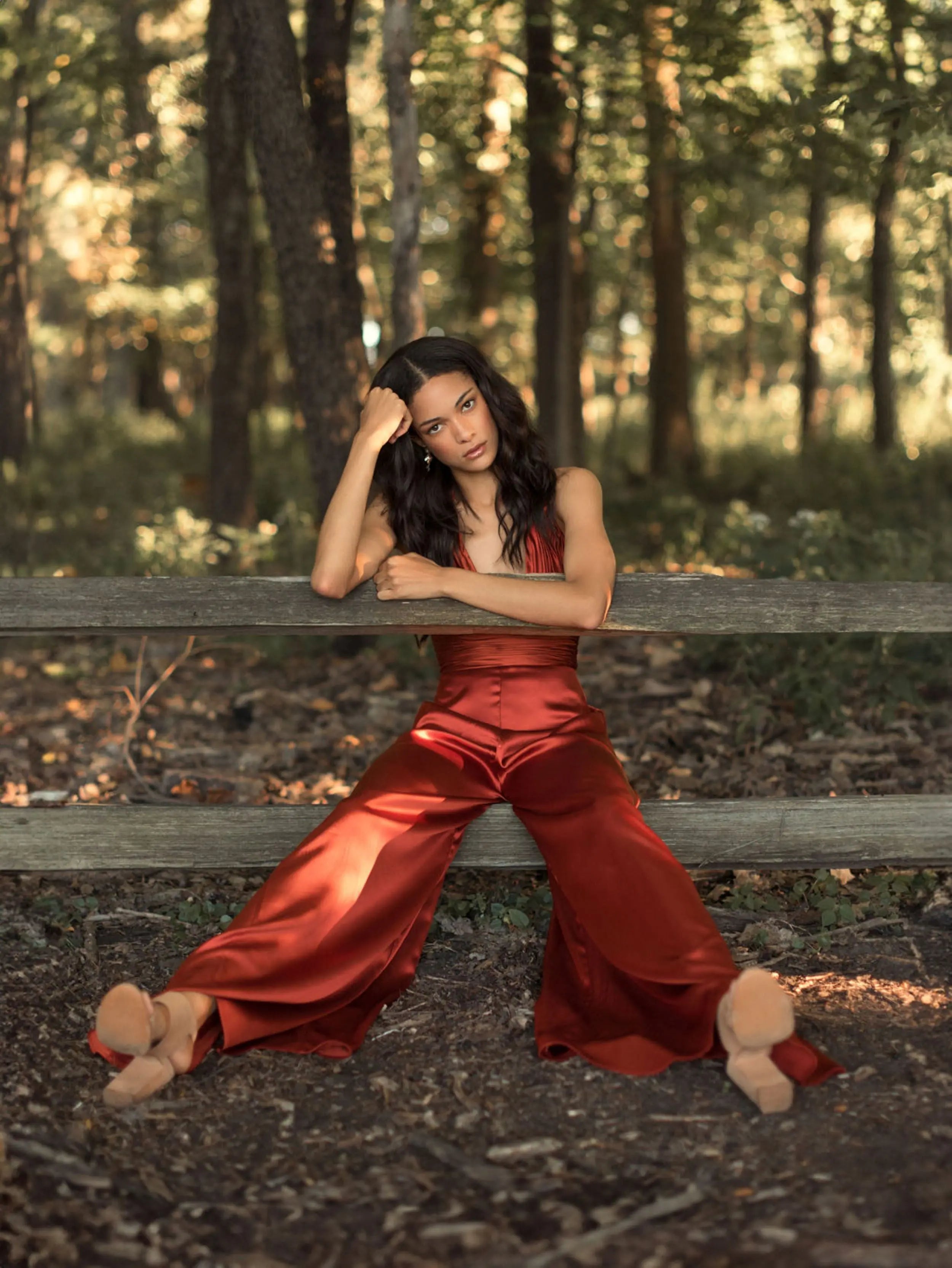 Orange Ruched Halter Top Wide Leg Satin Jumpsuit
