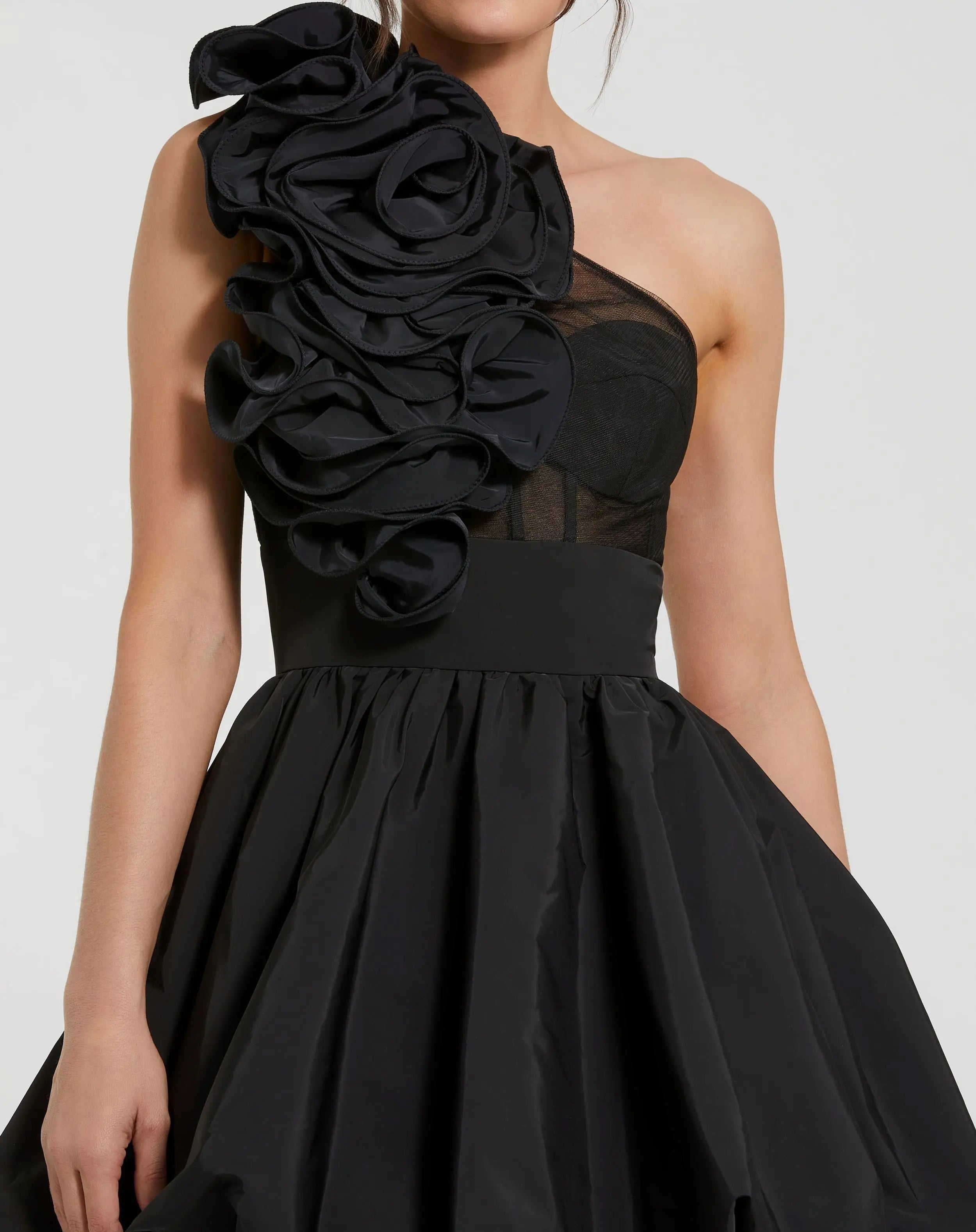 Black Taffeta One Shoulder Ruffle Bubble Mini Dress