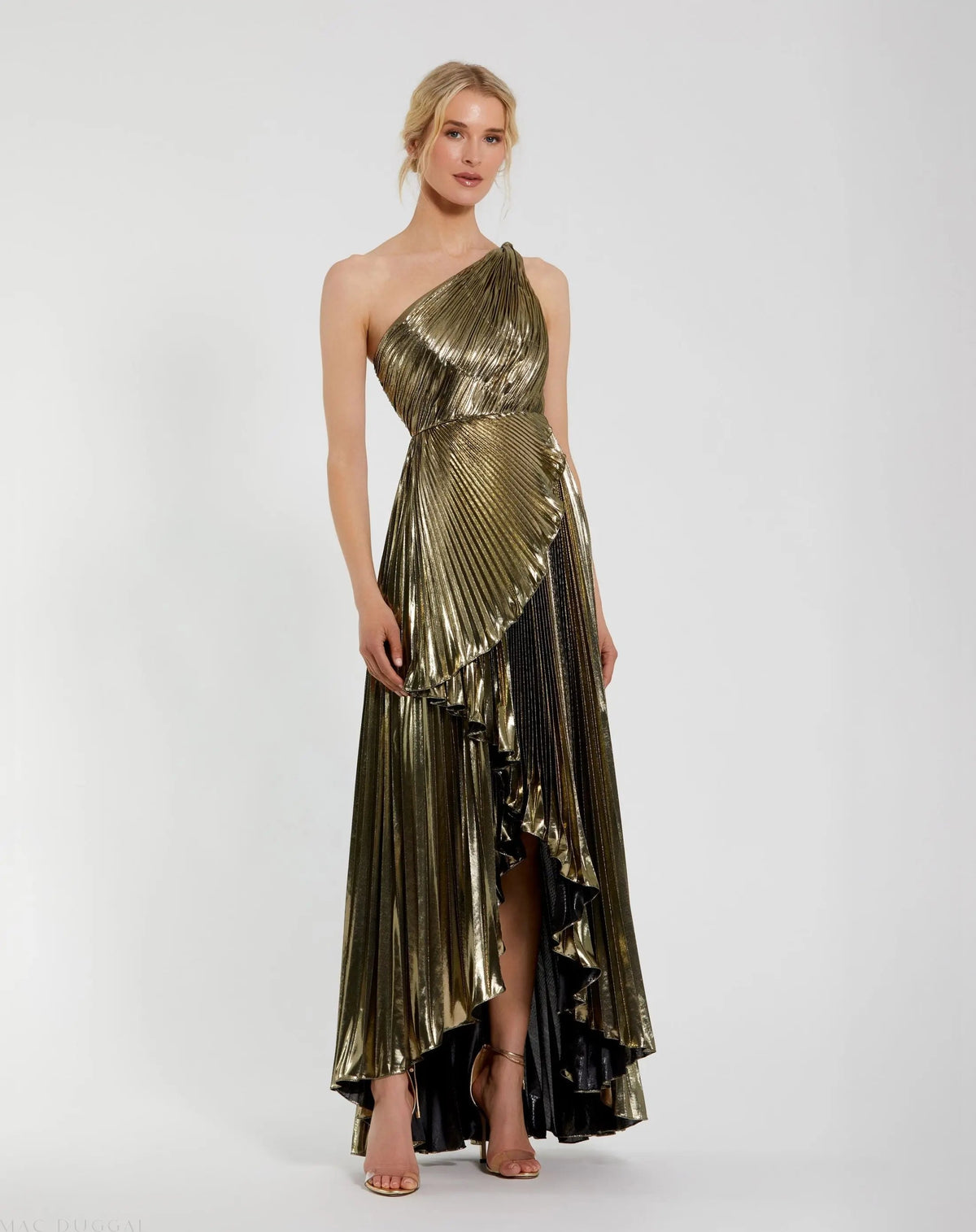 Gold Pleated Metallic One Shoulder High Low Gown
