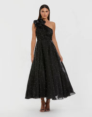 Black Pearl Embellished One Shoulder Organza Midi Dress
