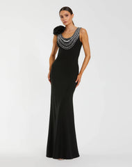 Black Beaded Scoop Neck Jersey Gown With 3D Flower