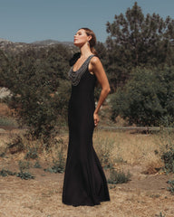 Black Beaded Scoop Neck Jersey Gown With 3D Flower