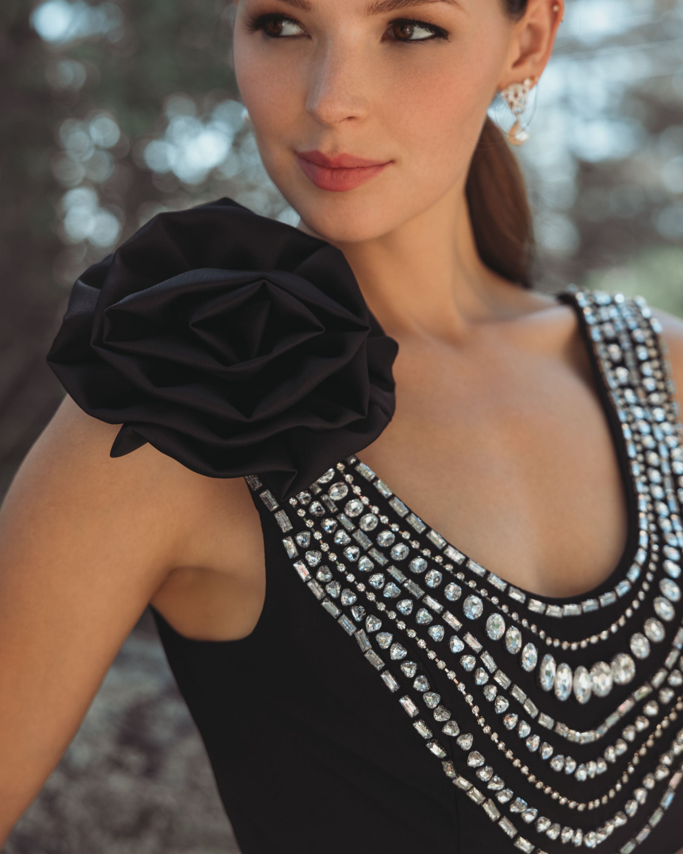 Black Beaded Scoop Neck Jersey Gown With 3D Flower