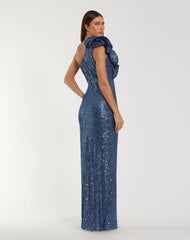 Blue One Shoulder Sequin Gown With Ruffle Detail