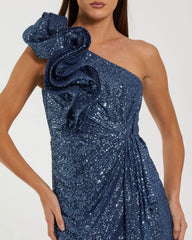Blue One Shoulder Sequin Gown With Ruffle Detail