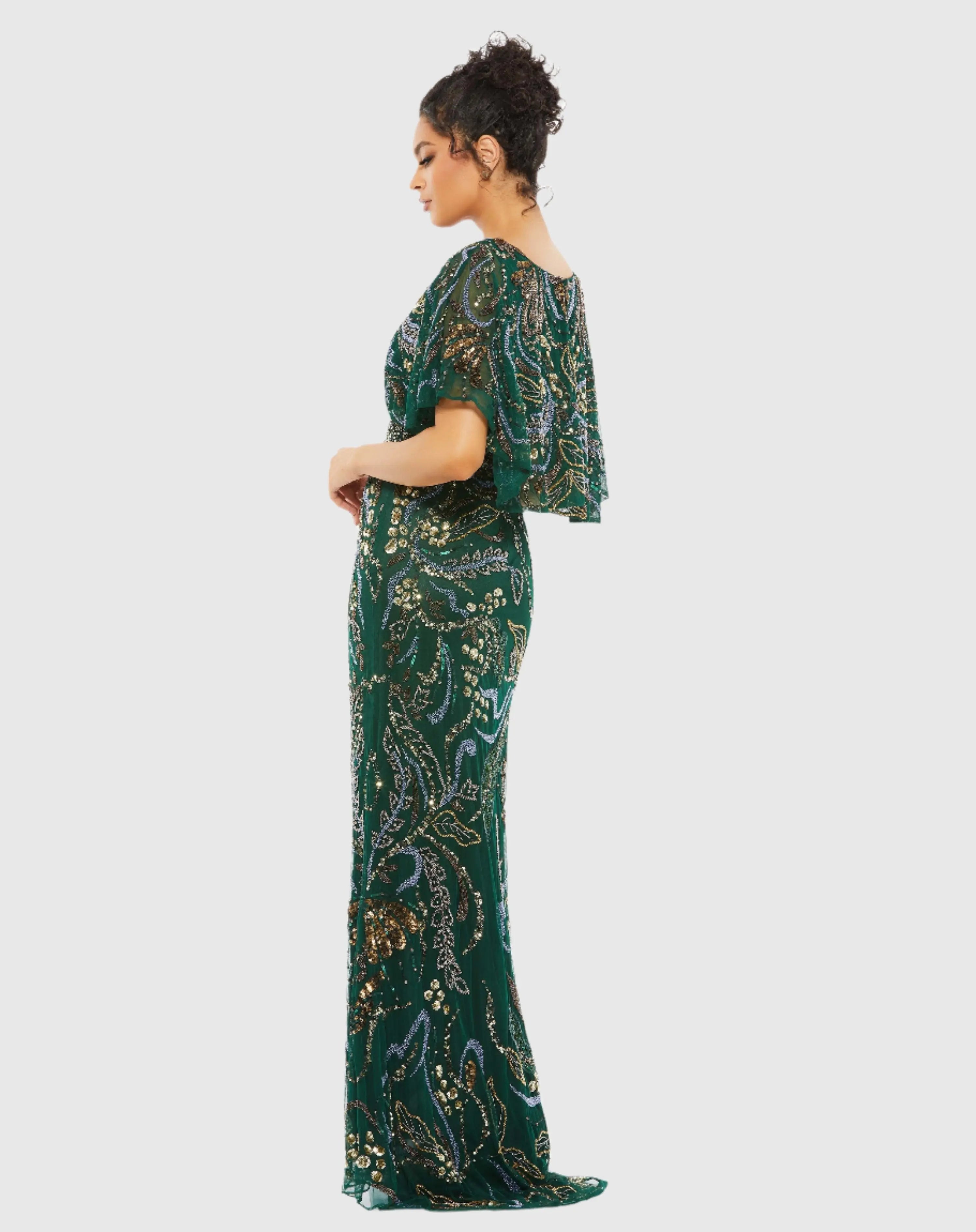 Green Embellished V Neck Cape Sleeve Column Gown