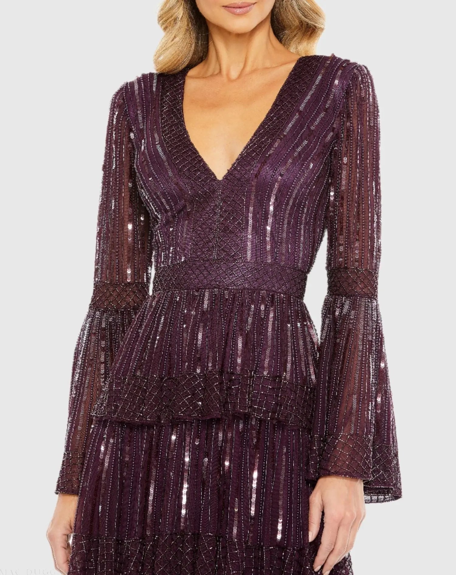 Purple Embellished Bell Sleeve Tiered Gown