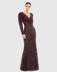 Red Puff Shoulder Sequined Surplice Gown