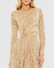Beige Embellished Illusion High Neck Long Sleeve Dress
