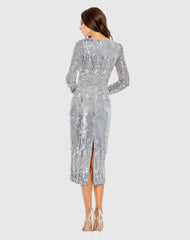 Blue Embellished Long Sleeve High Neck Sheath Dress