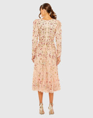 Pink Floral Embellished Wrap Over Puff Sleeve A Line Gown