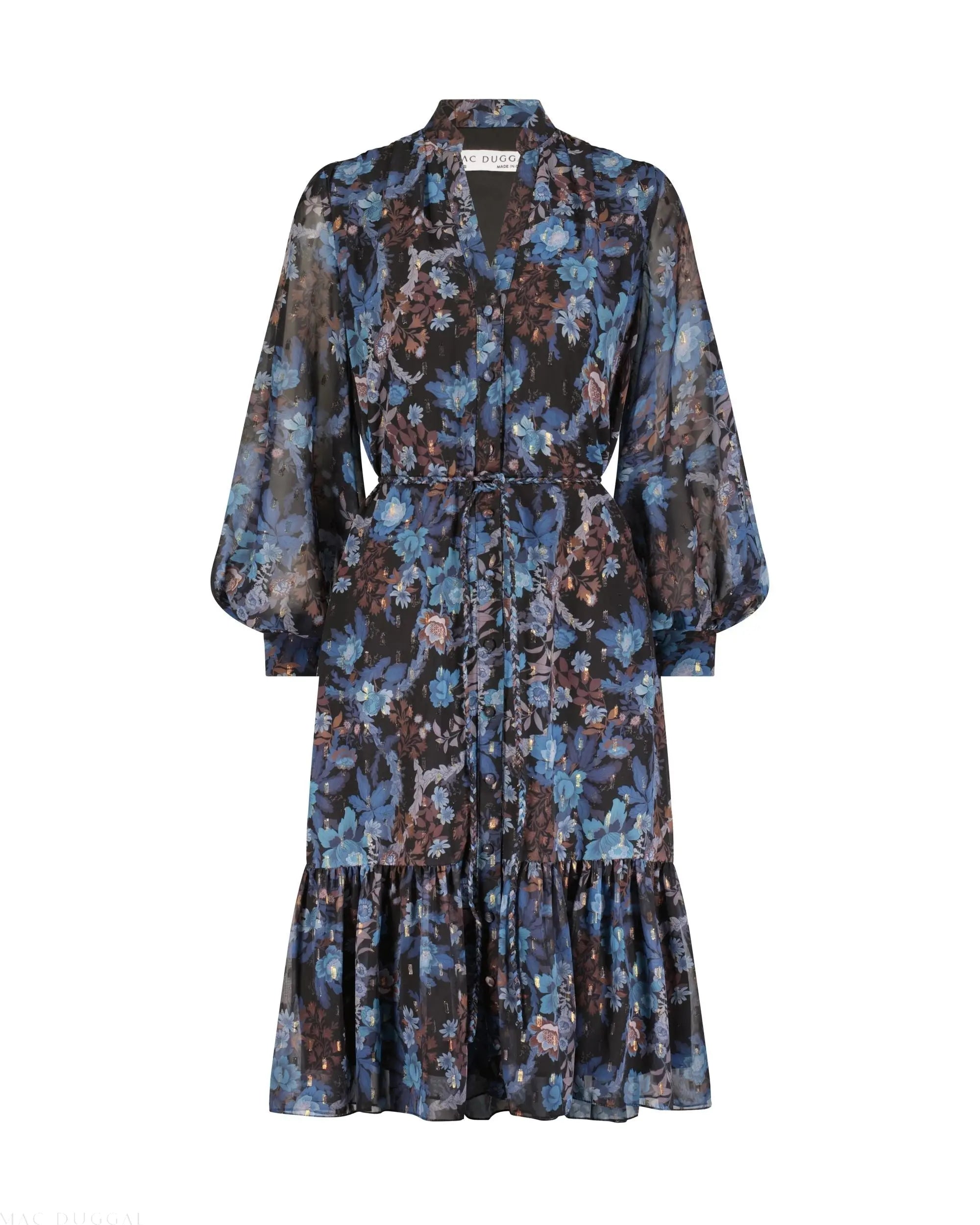 Blue Lurex Chiffon Bishop Sleeve Button Up Midi Dress