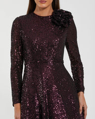 Dark Purple Long Sleeve Sequin Ball Gown With 3D Flower