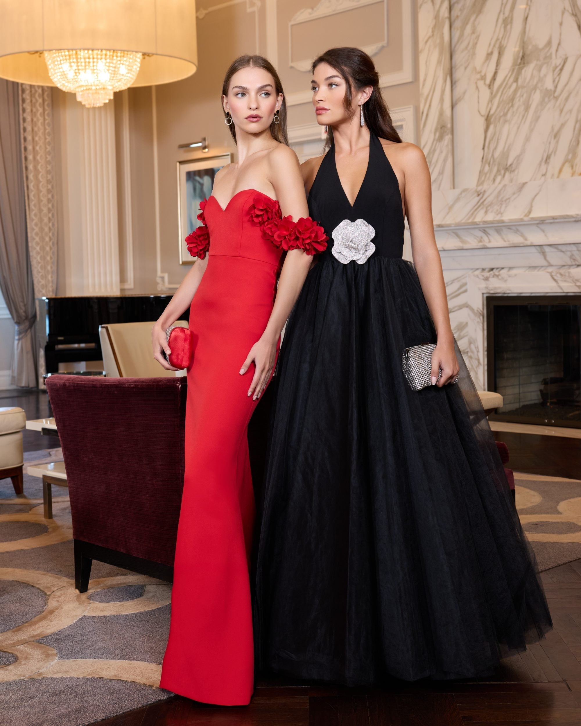 Black Halter Neck Ball Gown with Rhinestone Flower