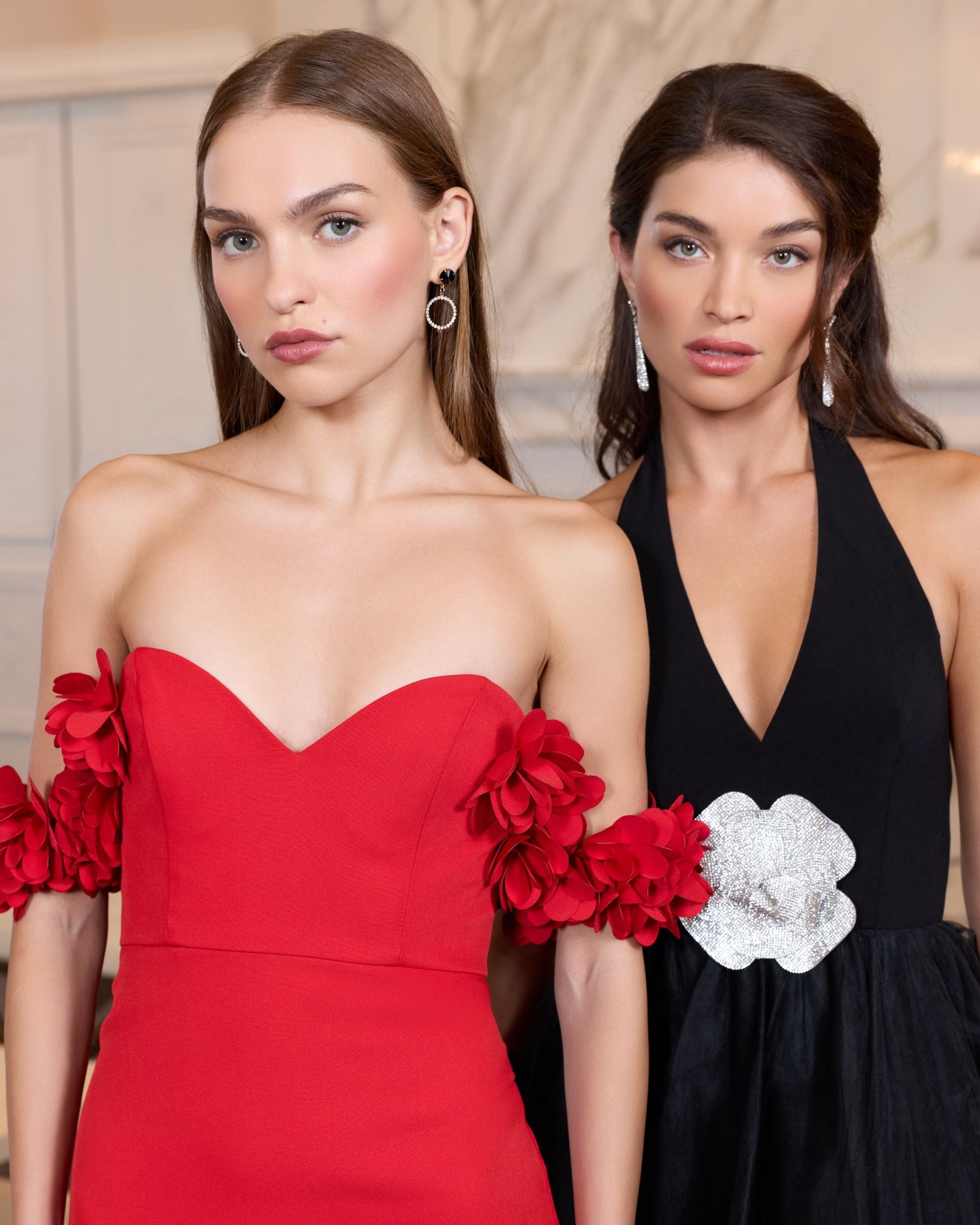 Red Crepe Off The Shoulder Gown With 3D Flowers