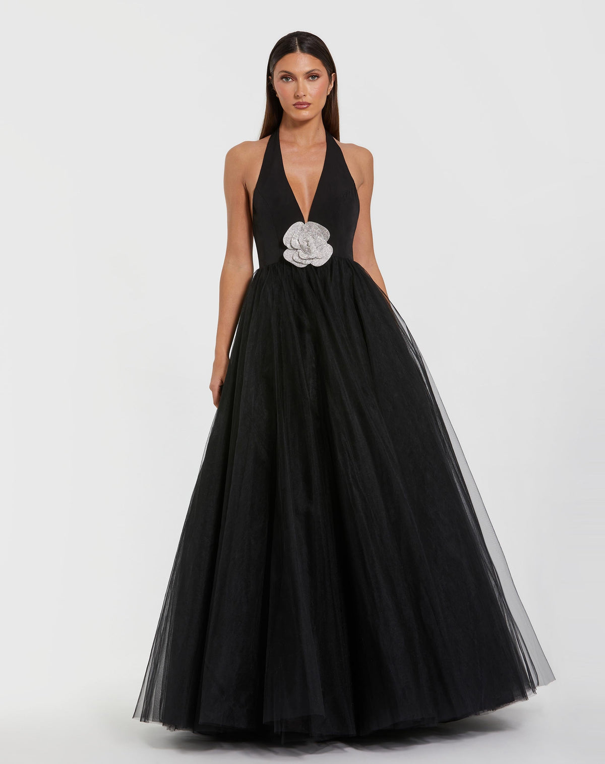 Black Halter Neck Ball Gown with Rhinestone Flower