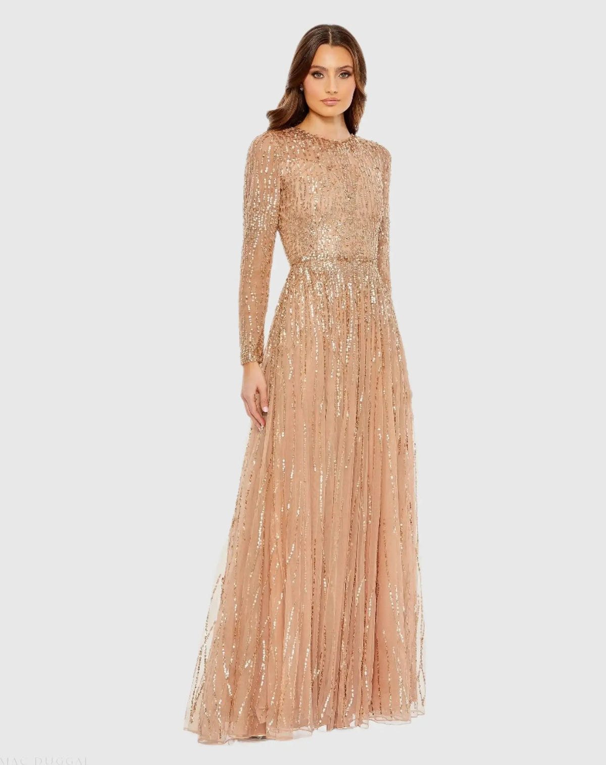 Beige Illusion High Neck Long Sleeve Embellished Gown