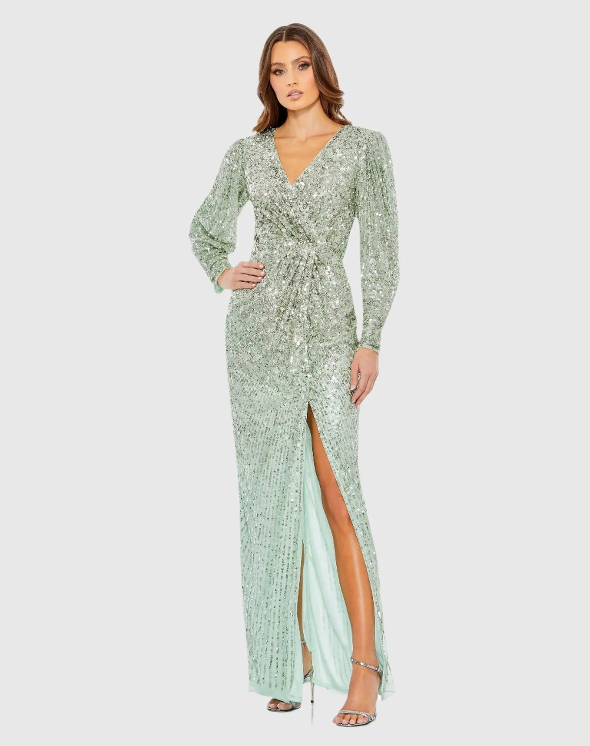 Green Embellished Faux Wrap Puff Sleeve Gown