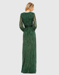 Green Wrap Over Puff Sleeve Embellished Gown