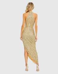 Gold Sequined High Neck Keyhole Asymmetrical Dress