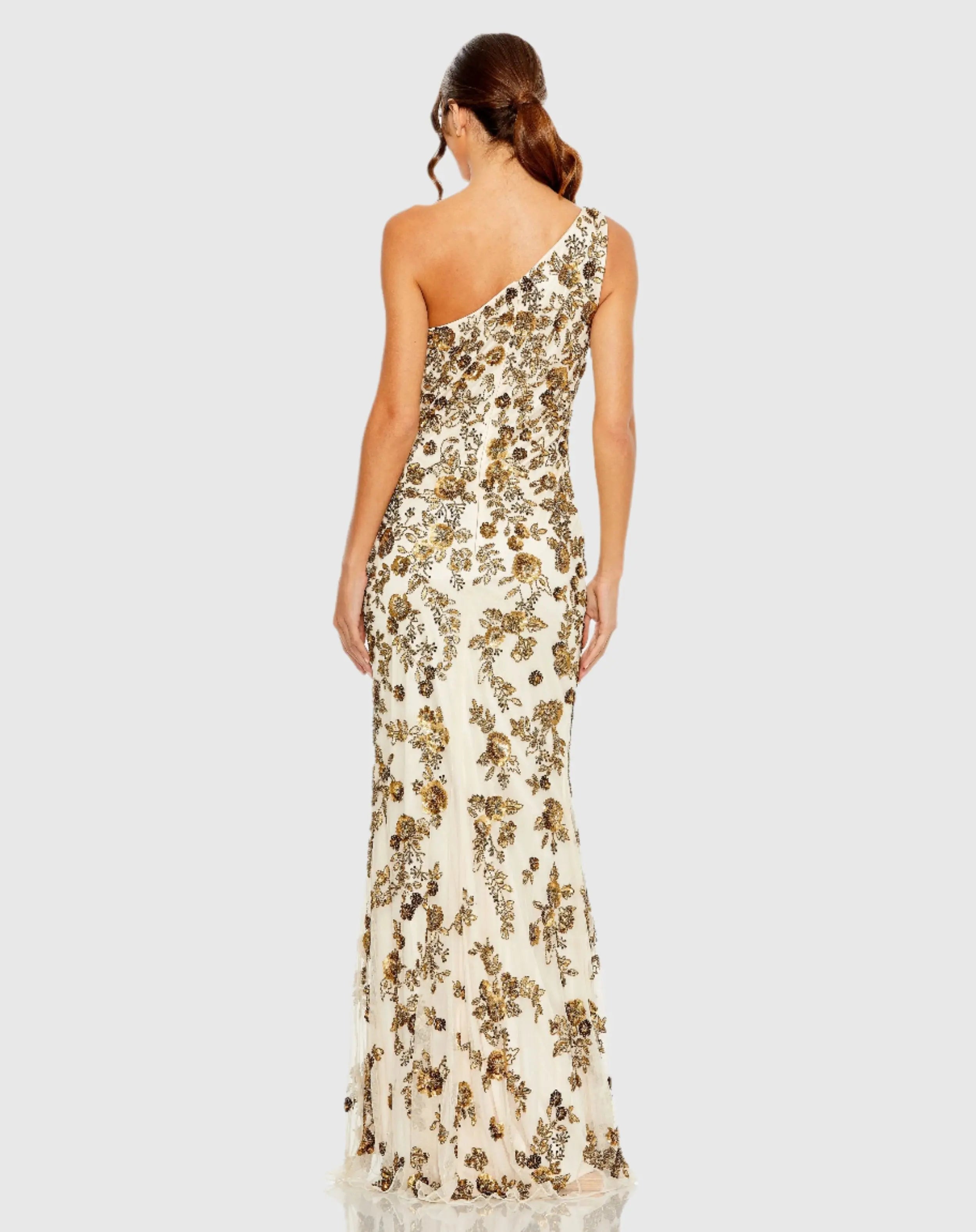 White and Gold Floral Beaded One Shoulder Gown