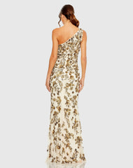 White and Gold Floral Beaded One Shoulder Gown