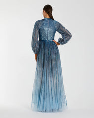 Blue Ombré Sequin Long Sleeve A-Line Evening Dress