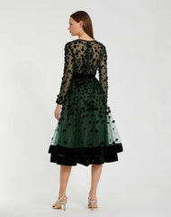 Green Velvet Embellished Illusion Long Sleeve A-Line Midi Dress