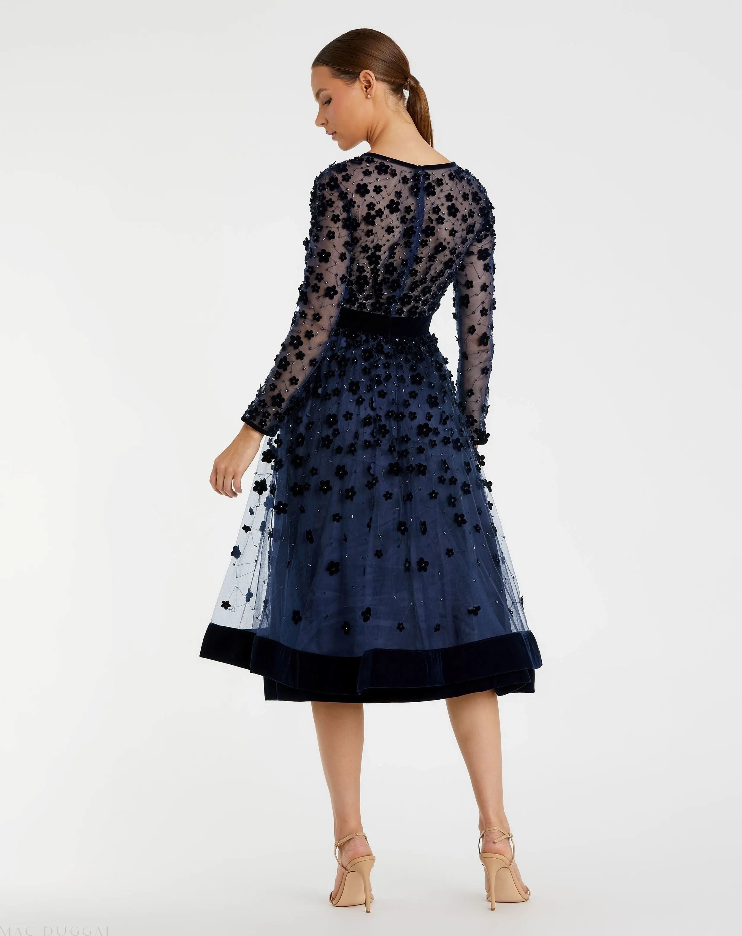 Navy Velvet Embellished Illusion Long Sleeve A-Line Midi Dress