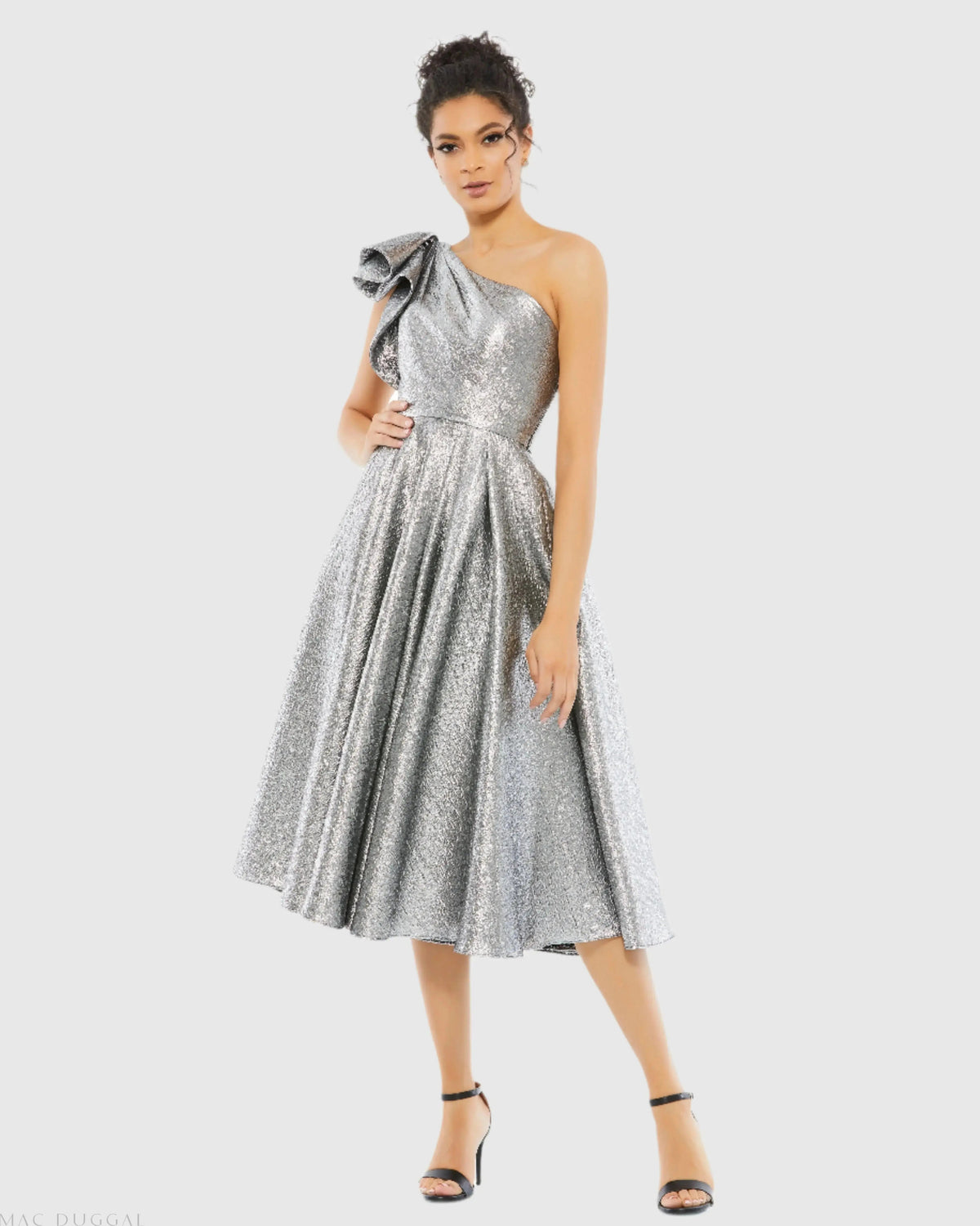 Silver One Shoulder Bow Midi Dress With Pockets