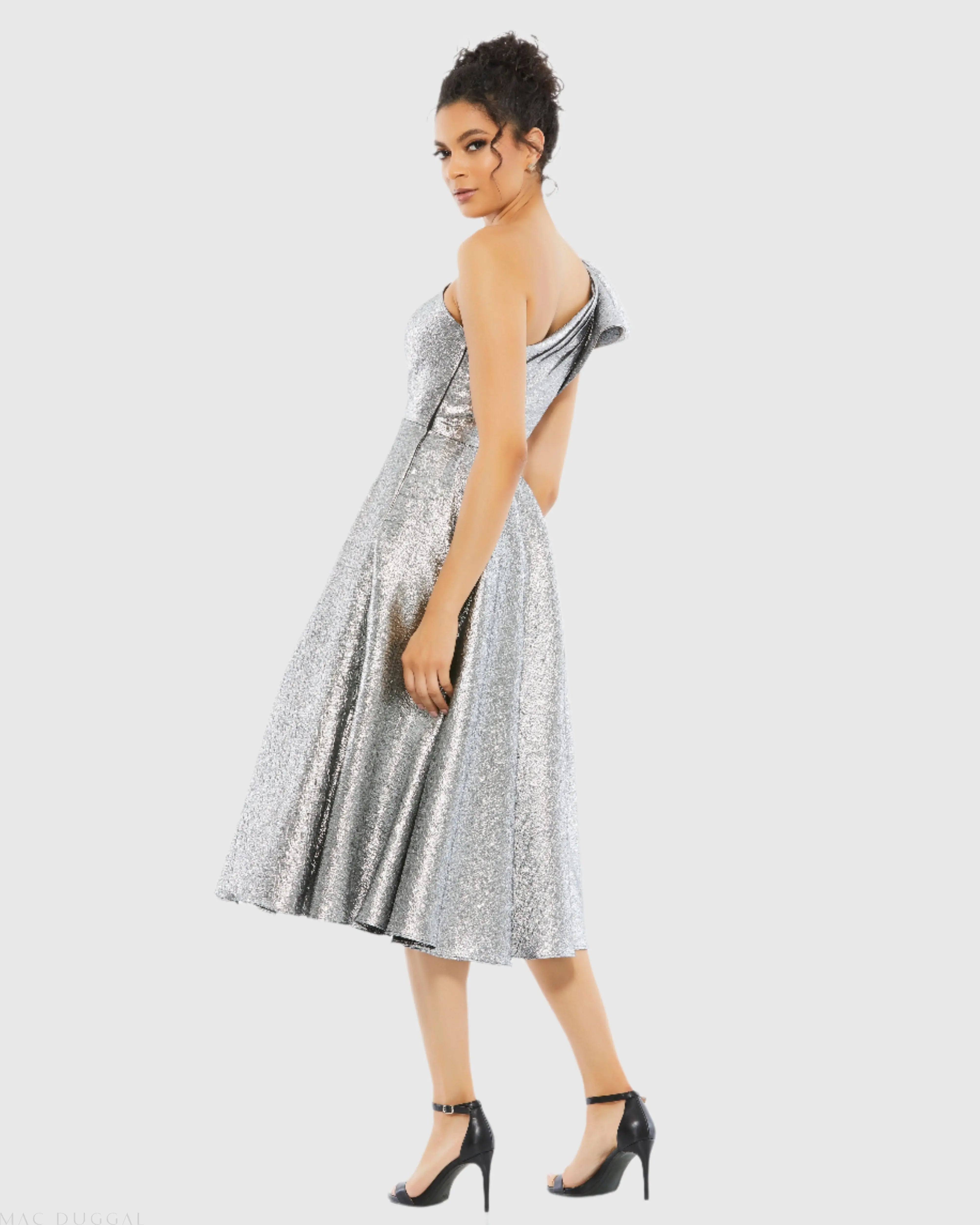 Silver One Shoulder Bow Midi Dress With Pockets